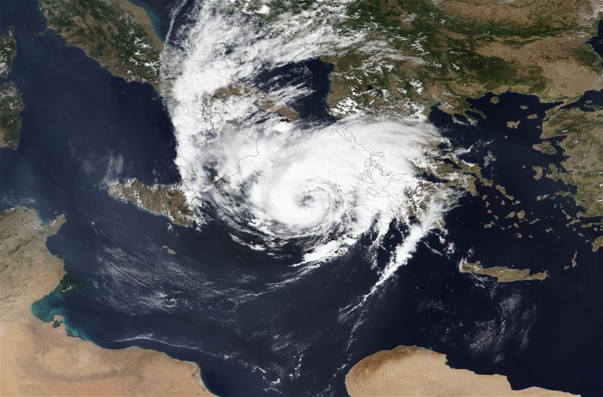 <i>NASA/NOAA</i><br/>A medicane forms southeast of Italy as shown in this satellite image map from September 17