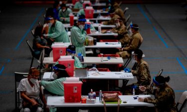 Senior citizens receive Covid-19 vaccines at a National Guard vaccination center in San Juan on February 8.