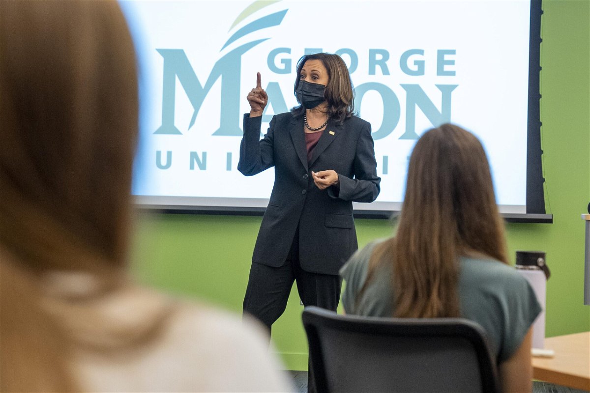 <i>Ken Cedeno/UPI/Bloomberg/Getty Images</i><br/>Vice President Kamala Harris visits a political science class to commemorate National Voter Registration Day at George Mason University in Fairfax