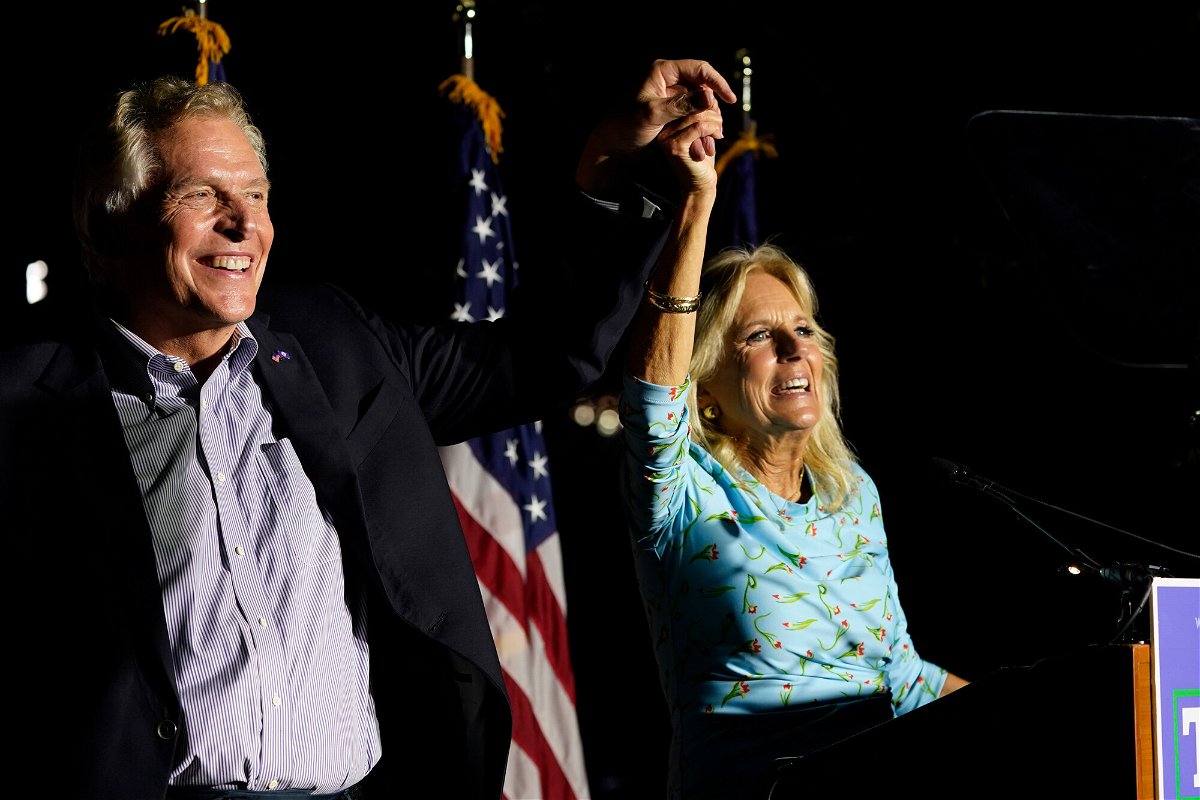 <i>Steve Helber/AP</i><br/>First lady Jill Biden laughs with Democratic gubernatorial candidate Terry McAuliffe during a rally in Richmond