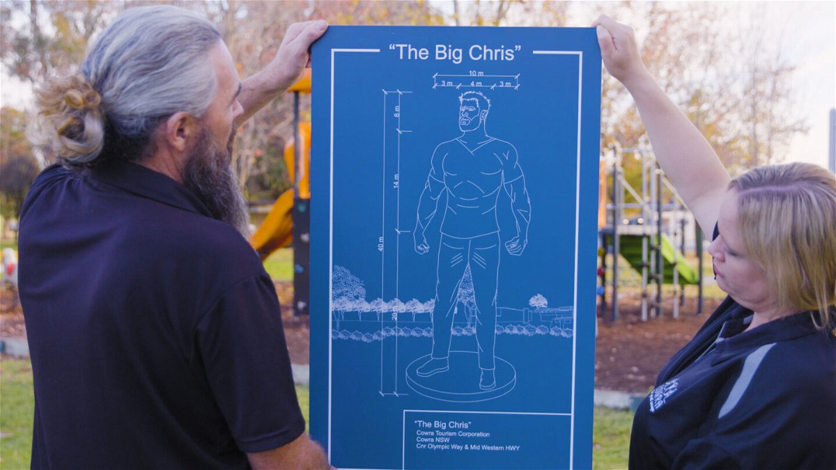 <i>Courtesy Cowra Tourism Corporation</i><br/>#GetChristoCowra is an ad campaign backed by the Cowra tourism council and fully embraced by residents. Blueprints are shown here for the hypothetical statue of Chris Hemsworth.