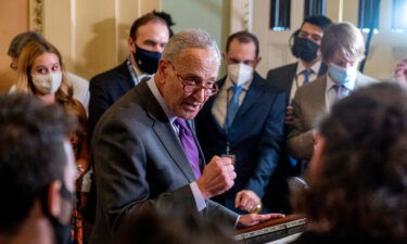 President Joe Biden said it's "a real possibility" that Democrats would establish a carveout of the filibuster rules to let the debt ceiling be increased by a simple majority vote. Senate Majority Leader Chuck Schumer is shown here speaking to reporters at the Capitol