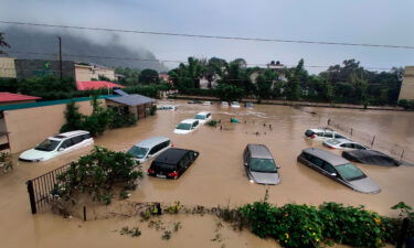 Submerged cars at a flooded hotel near the Jim Corbett National Park in Uttarakhand