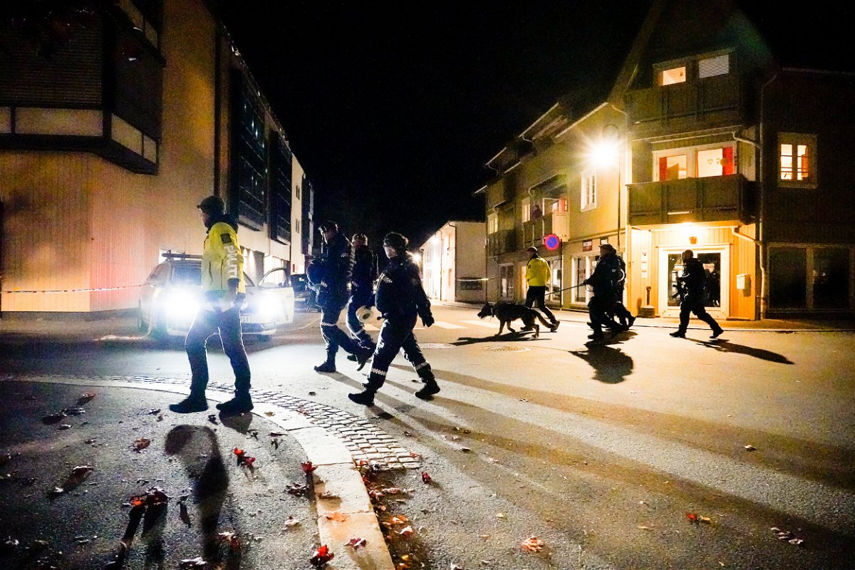 <i>Hakon Mosvold Larsen/NTB Scanpix/AP</i><br/>Police at the scene after an attack in Kongsberg