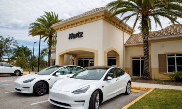 Tesla Model 3 electric vehicles at a Hertz location.