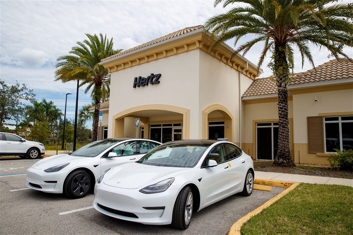 <i>Hertz</i><br/>Tesla Model 3 electric vehicles at a Hertz location.