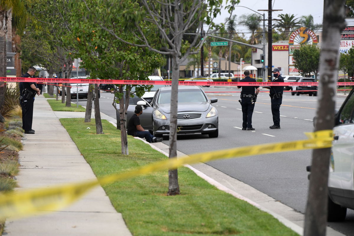 <i>Brittany Murray/Long Beach Press-Telegram/Getty Images</i><br/>Long Beach Police on scene where a shooting occurred between a School Safety Officer and a possible student from Millikan High School