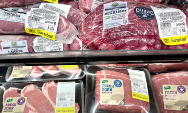 Pork products are displayed on a shelf at a Safeway in San Francisco