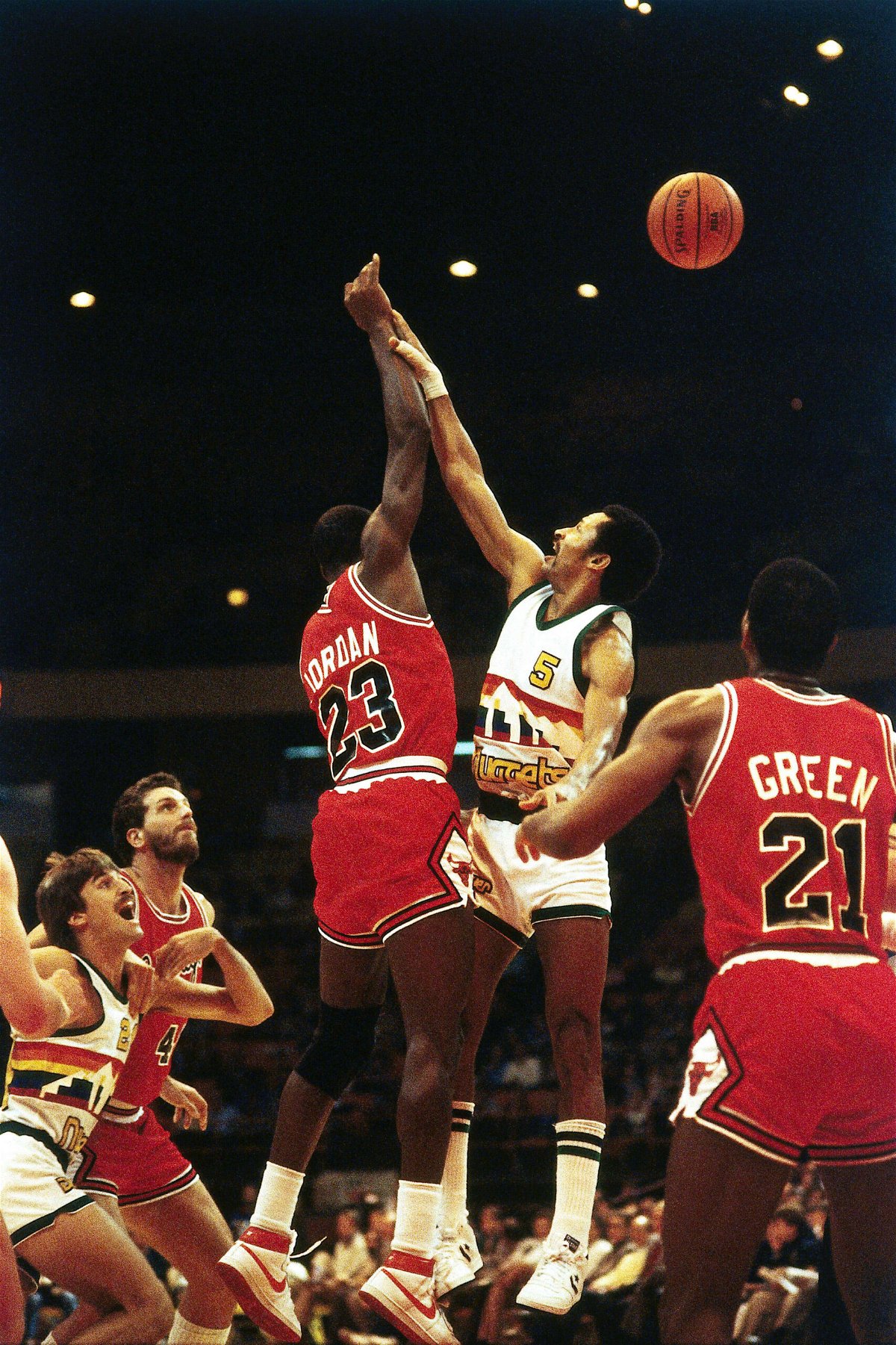 <i>John Betancourt/NBAE/Getty Images</i><br/>Michael Jordan playing for the Chicago Bulls during the 1984 NBA game in Denver