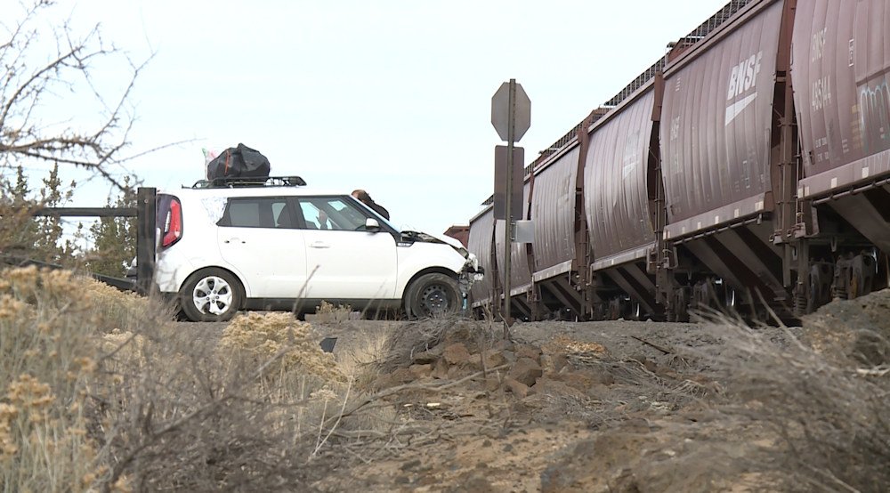 Damage to SUV can be seen after it was struck by freight train north of Bend on Monday afternoon