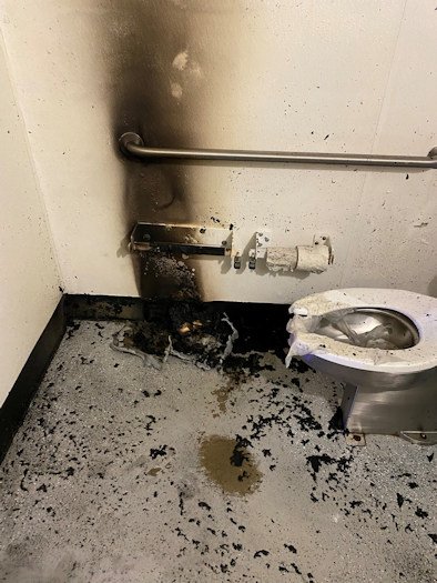 Trash can fire damaged Farewell Bend Park bathroom Sunday