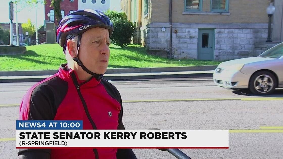 <i>WSMV</i><br/>Tennessee Senator Kerry Roberts on his bicycle before riding to raise money for the Humphreys County flood victims on October 31.