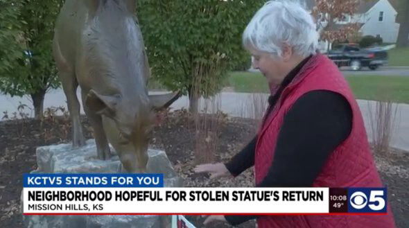 <i>KCTV/KSMO</i><br/>Carolyn Patterson points to an area that once contained a 70-pound bronze sculpture of a piglet. Thieves recently stole the sculpture.