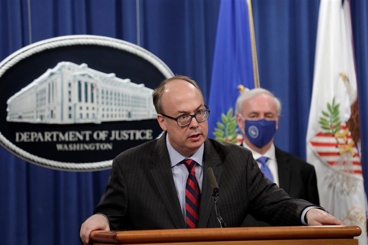 <i>Yuri Gripas/Pool/Getty Images</i><br/>Acting Assistant U.S. Attorney General Jeffrey Clark speaks next to Deputy U.S. Attorney General Jeffrey Rosen at a news conference at the Justice Department on October 21