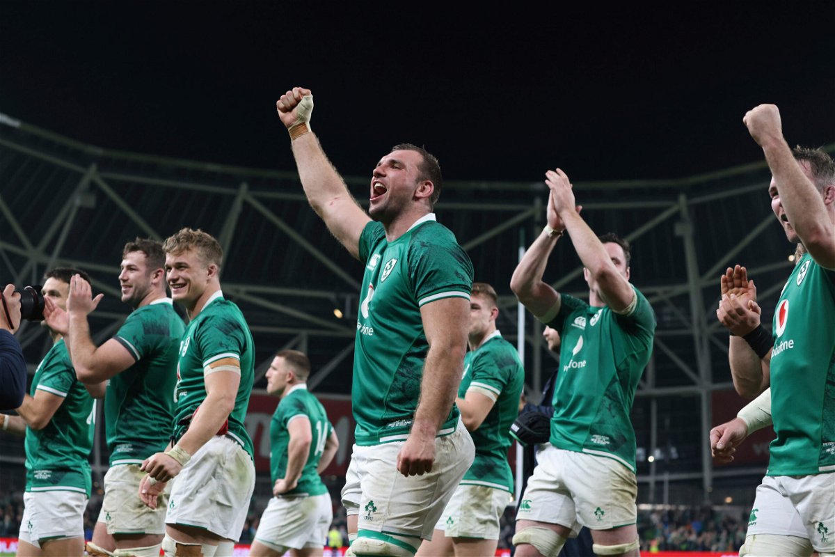 <i>Peter Morrison/AP</i><br/>Ireland players celebrate their 29-20 victory over New Zealand in the international rugby union match between Ireland and New Zealand