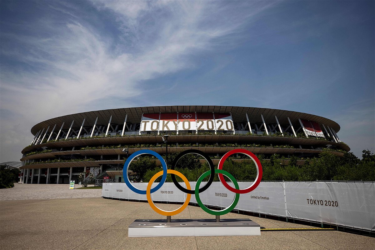 <i>Behrouz Mehri/AFP/Getty Images</i><br/>World Athletics finds female athletes were target of 87% of all online abuse at 2020 Tokyo Olympic Games. This picture shows the Olympic rings and Olympic Stadium in Tokyo on July 20.