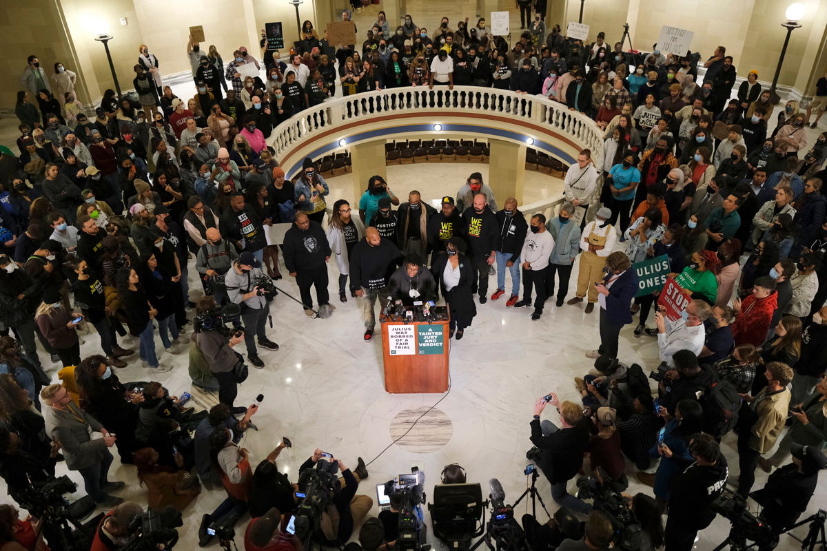 <i>Doug Hoke/The Oklahoman/AP</i><br/>Madeline Davis-Jones and other family members and friends talk to reporters Wednesday at the Capitol in Oklahoma City.