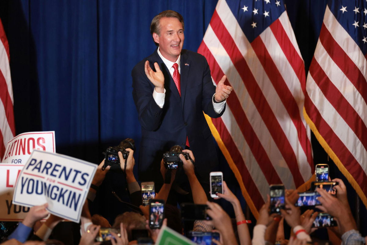 <i>Chip Somodevilla/Getty Images</i><br/>Virginia Republican gubernatorial candidate Glenn Youngkin takes the stage at an election-night rally on November 02 in Chantilly
