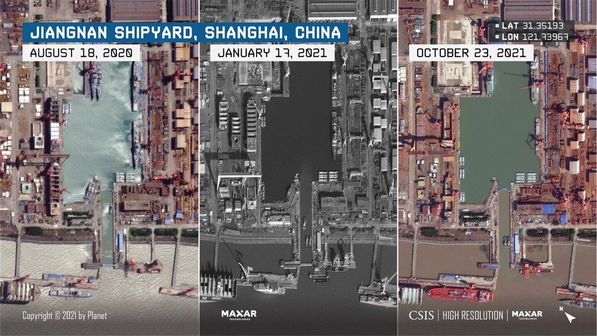<i>Courtesy CSIS/High Resolution/Maxar Technologies 2021</i><br/>Varying numbers of People's Liberation Army Navy surface combatants are visible over time in the floodable basin at Jiangnan shipyard in Shanghai.