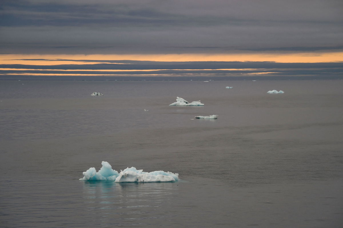 <i>Ekaterina Anisimova/AFP/Getty Images</i><br/>Icebergs in the Arctic Ocean off the Franz Josef Land archipelago on August 16