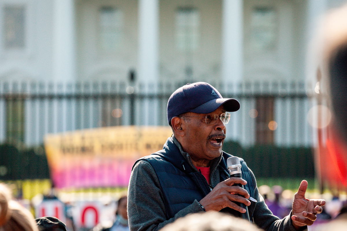 <i>Allison Bailey/NURPHO/AP/FILE</i><br/>Radio personality Joe Madison speaks during a rally and civil disobedience action at the White House.