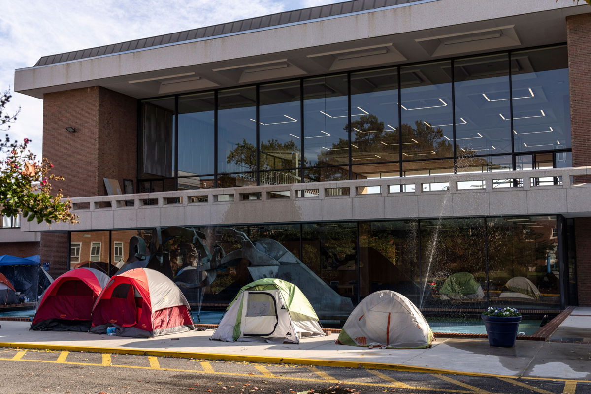 <i>Drew Angerer/Getty Images</i><br/>Tents are set up near the Blackburn University Center as students protest poor housing condition on the campus of at Howard University October 25