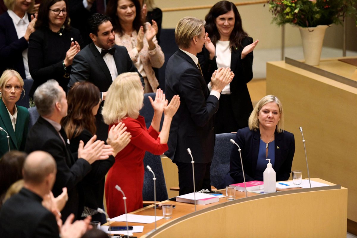 <i>Erik Simander/TT News Agency/AFP/Getty Images</i><br/>Social Democratic Party leader Magdalena Andersson reacts as she is voted in as Sweden's first female prime minister in the country's parliament in Stockholm on Wednesday.