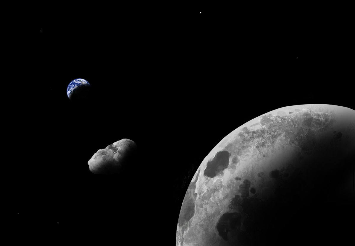 <i>Addy Graham/University of Arizona</i><br/>An artist's impression of quasi-satellite Kamo`oalewa near Earth and the moon is shown.