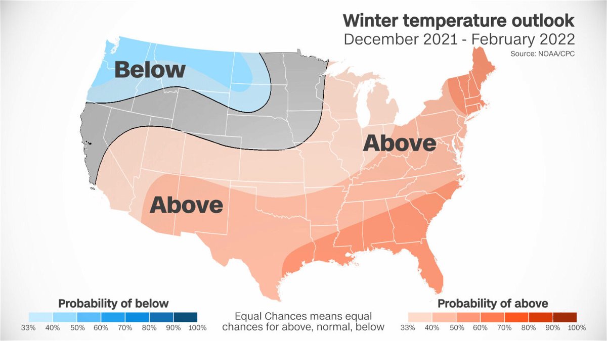 <i>CNN Weather/NOAA</i><br/>The winter temperature outlook is pictured in a weather map.