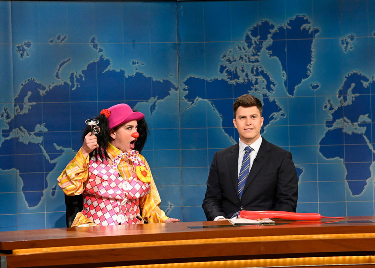 <i>Will Heath/NBC</i><br/>Cecily Strong (L) as Goober The Clown and anchor Colin Jost during Weekend Update on Saturday