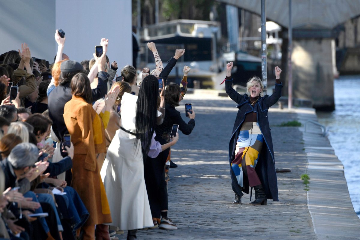 <i>Kristy Sparow/Getty Images</i><br/>Gabriela Hearst cheers in victory after her latest show for Chloé during Paris Fashion Week