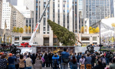 Workers move the Rockefeller Center Christmas tree into place on Saturday in New York.