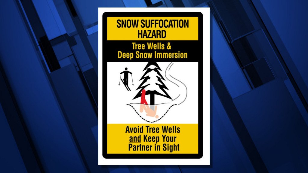 Mt. Bachelor website page, signs at resort warn of dangers of tree well suffocation