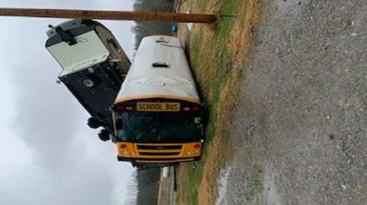 <i>WSMV</i><br/>One of the school buses in Trousdale County was flipped over by strong winds and then hit by a 5th-wheel camper on Monday morning.