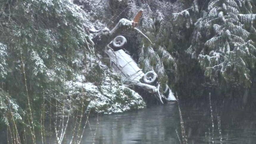 Driver rescued after vehicle slides off road, falls nearly 100