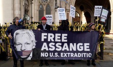 Supporters of WikiLeaks founder Julian Assange hold placards outside the Royal Courts of Justice in London on December 10.