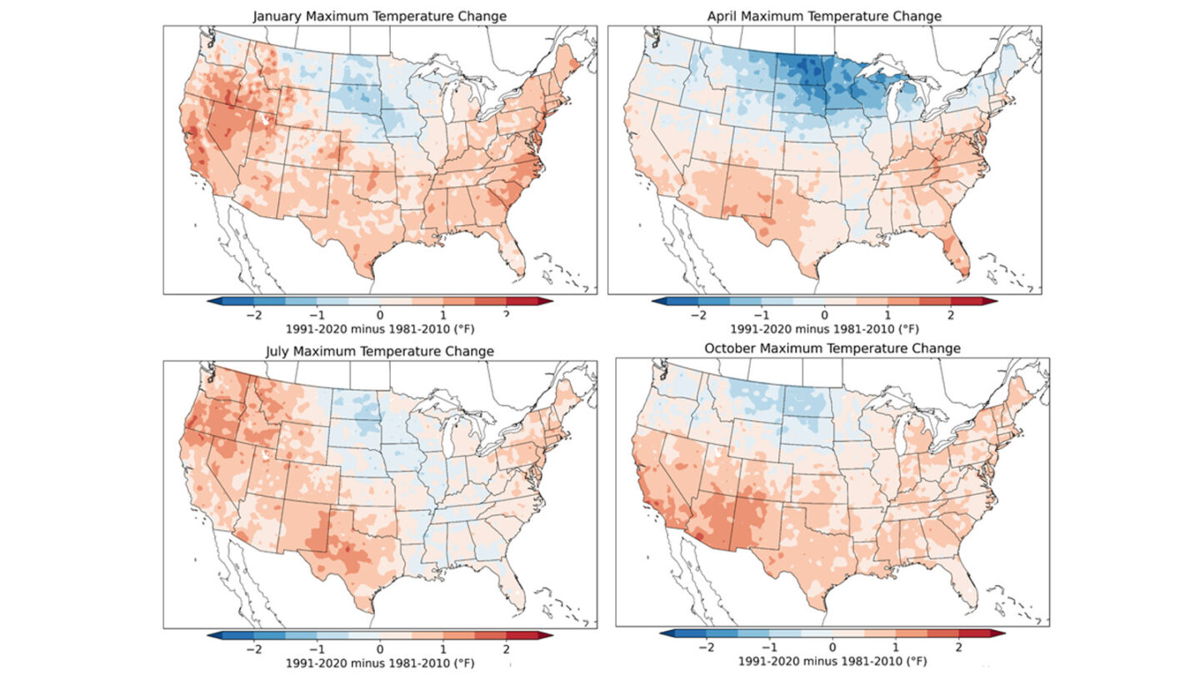 <i>NOAA</i><br/>This preliminary set of maps from NOAA show the change in maximum temperature in the peak of each season between the old climate normals (1981-2010) and the new climate normals (1991-2020).