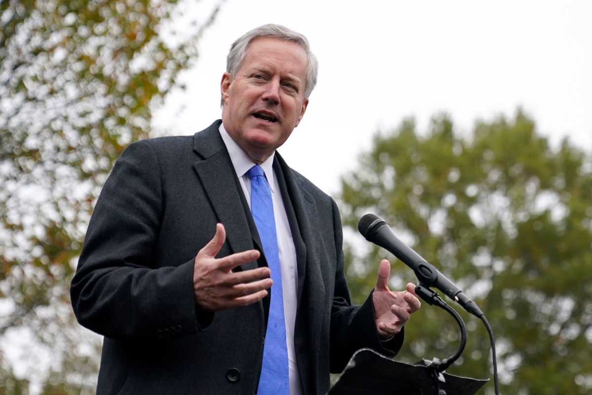 <i>Patrick Semansky/AP</i><br/>White House chief of staff Mark Meadows speaks with reporters outside the White House