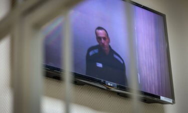 Jailed Kremlin critic Alexei Navalny appears on screen via a video link from prison during a court hearing