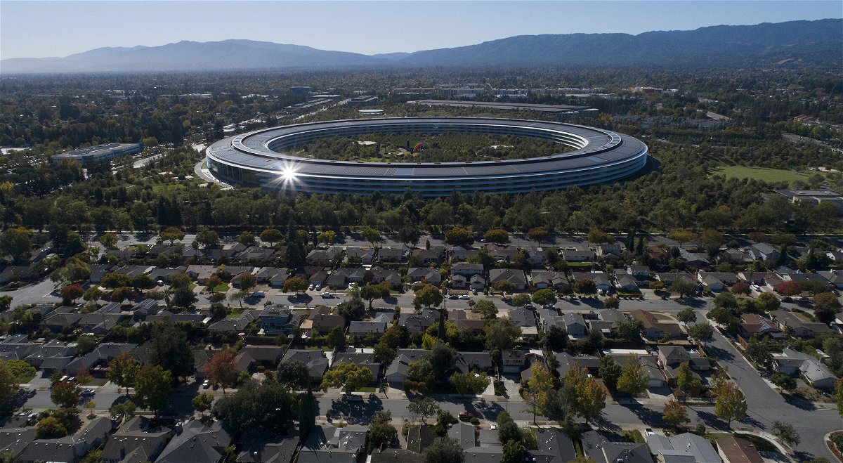 <i>Jane Tyska/MediaNews Group/The Mercury News/Getty Images</i><br/>Apple Park's spaceship campus is seen from this drone view in Sunnyvale