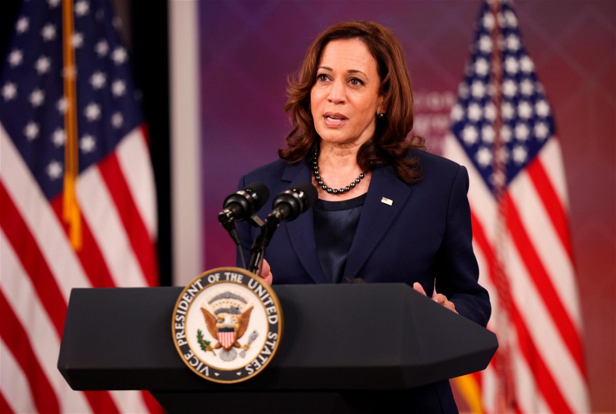 <i>Kevin Dietsch/Getty Images North America/Getty Images</i><br/>Vice President Kamala Harris speaks at the Eisenhower Executive Office Building on October 12 in Washington.