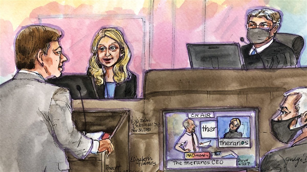 <i>Sketch by Vicki Behringer</i><br/>Closing arguments in Elizabeth Holmes trial began on Thursday. Holmes is seen here on the stand during her trial in San Jose