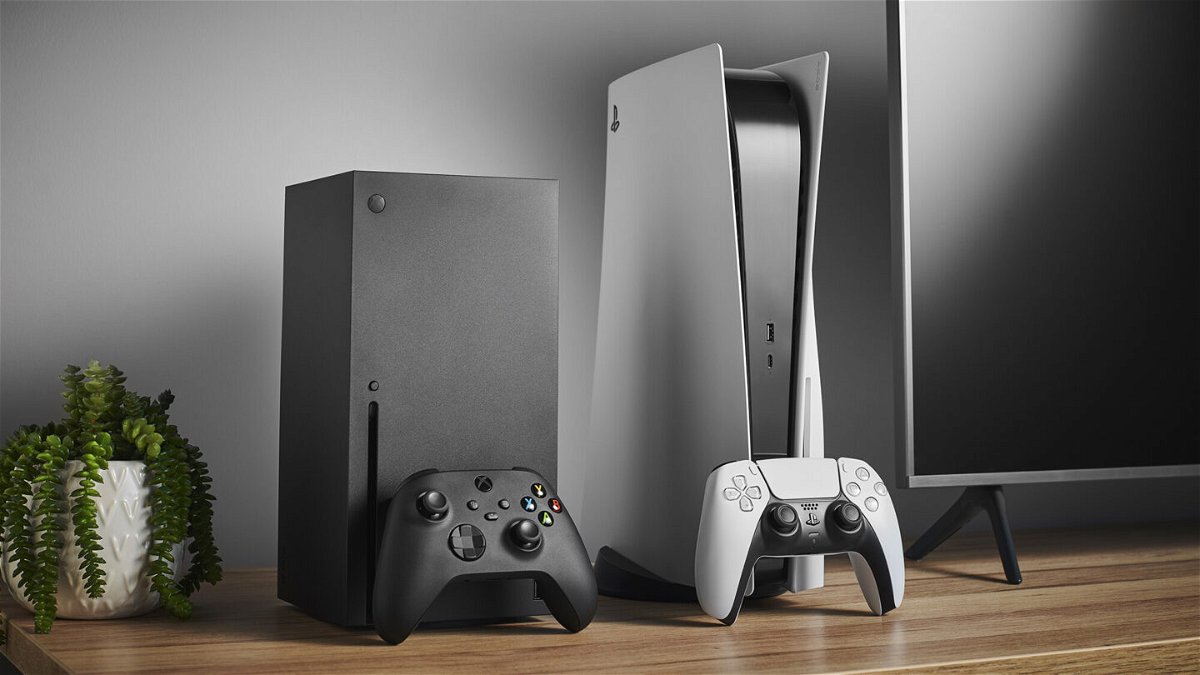 <i>Phil Barker/Future Publishing/Getty Images</i><br/>Living room with Microsoft Xbox Series X (L) and Sony PlayStation 5 home video game consoles alongside a television and soundbar