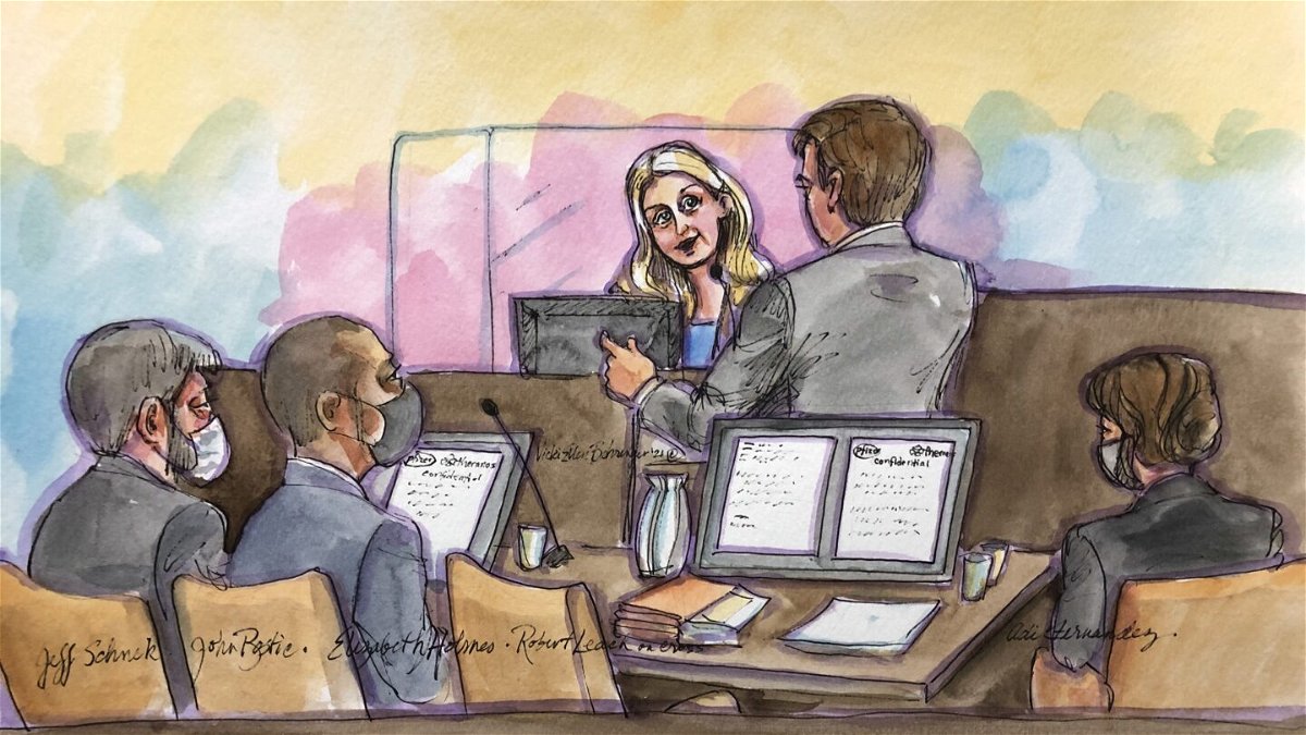 <i>Sketch by Vicki Behringer</i><br/>Elizabeth Holmes on the stand during cross examination at the federal court in San Jose