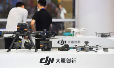 Drones are on display at the DJI booth during the 2021 BRICS Exhibition on New Industrial Revolution
