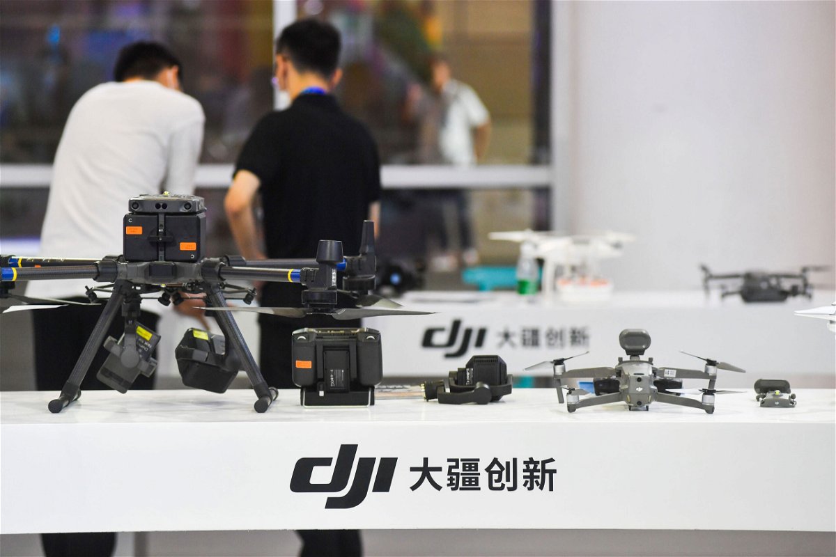 <i>Visual China Group/Getty Images</i><br/>Drones are on display at the DJI booth during the 2021 BRICS Exhibition on New Industrial Revolution