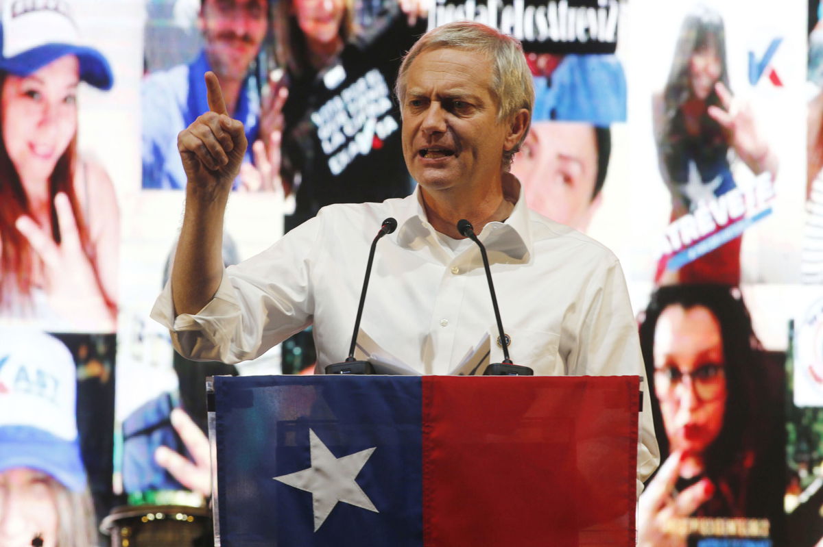 <i>Getty Images</i><br/>Chilean presidential candidate Jose Antonio Kast of the Republican Party speaks to supporters during the presidential elections campaign closing rally on November 18 in Santiago