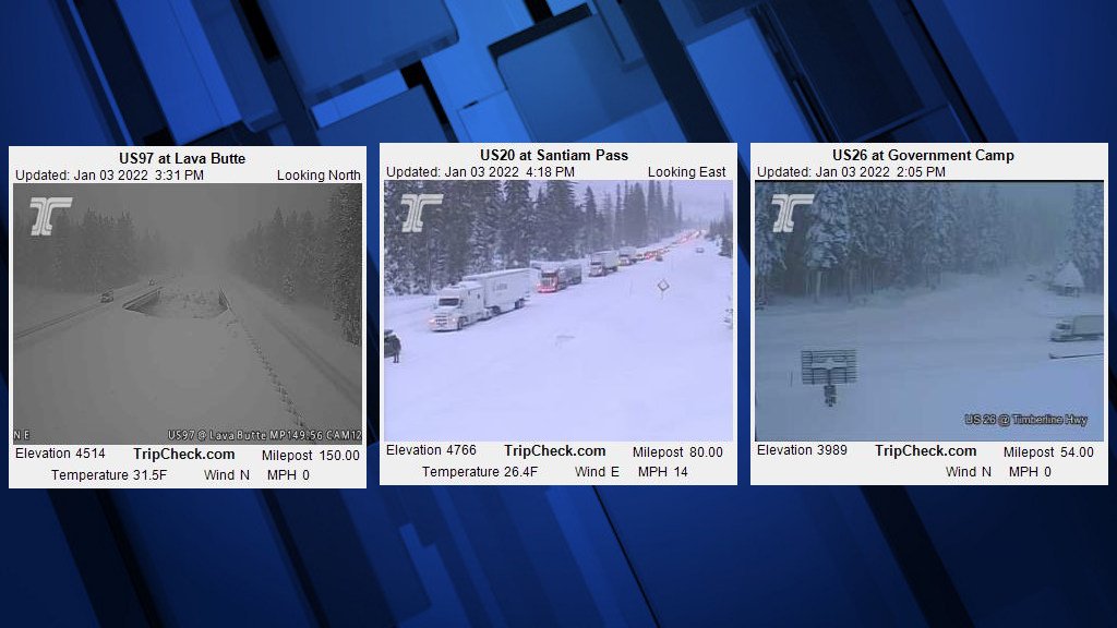 Snowy, difficult if not dangerous travel conditions spread across the region, from Lava Butte south of Bend to Santiam Pass and Highway 26 over Mount Hood