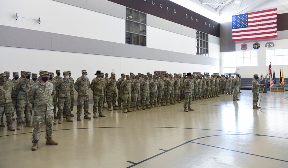 Oregon Army National Guard members assigned to 1st Squadron, 82nd Cavalry Regiment, take part in their mobilization ceremony Sunday at Camp Withycombe