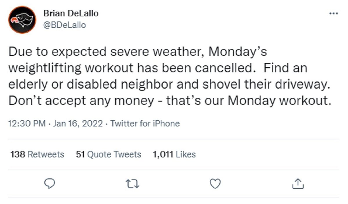 <i>@BDeLallo/Twitter/KDKA</i><br/>Bethel Park head football coach Brian DeLallo tweeted to his players that Monday's weightlifting workout was cancelled due to the expected severe weather and to help others shovel their driveway instead.